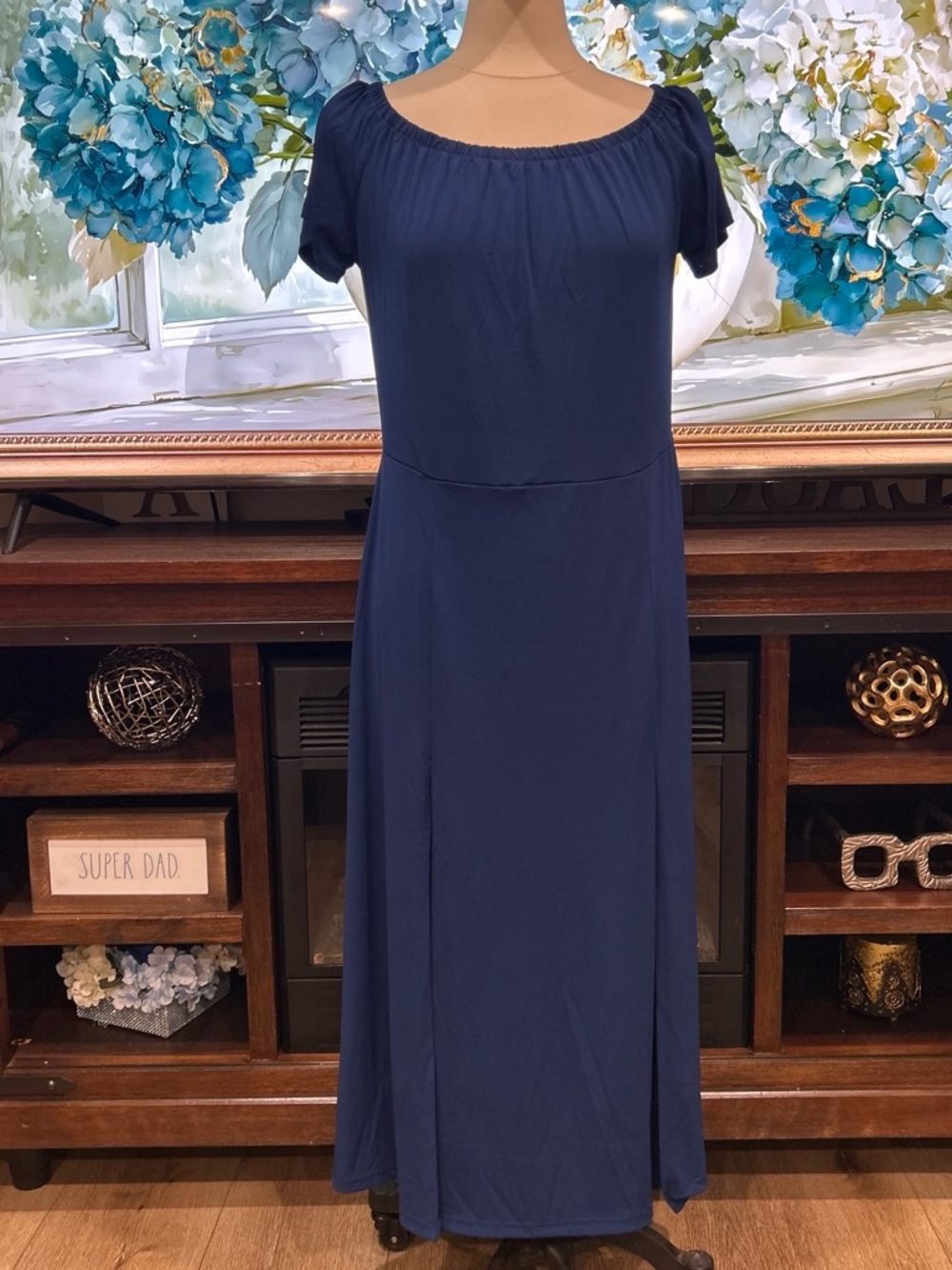 Off-Shoulder Navy Maxi Dress with Short Sleeves